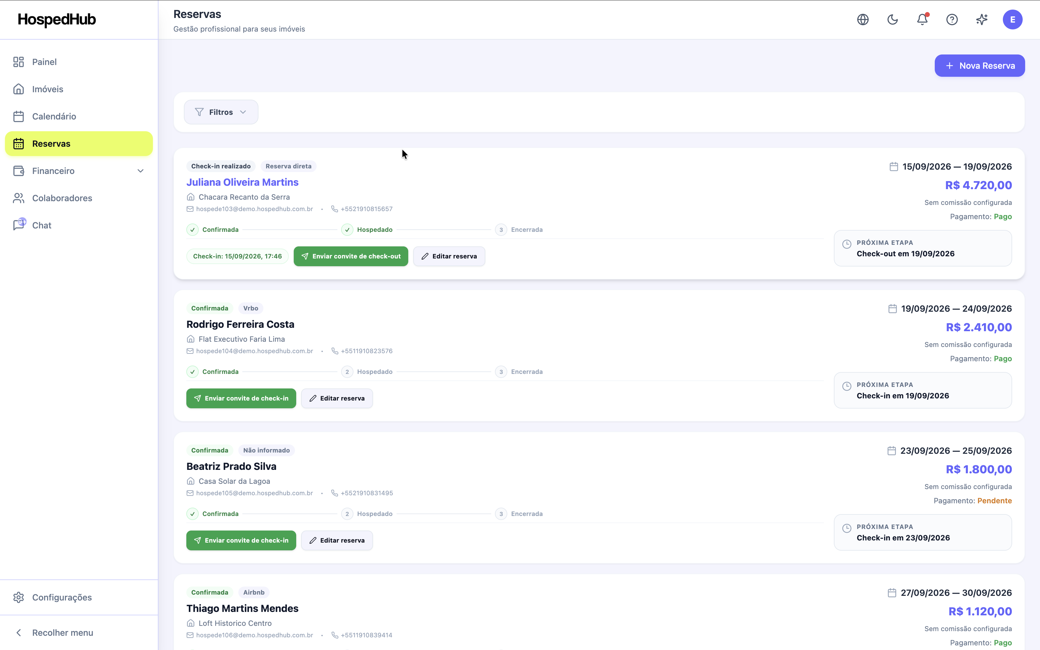 Tela de gestão de reservas do HospedHub
