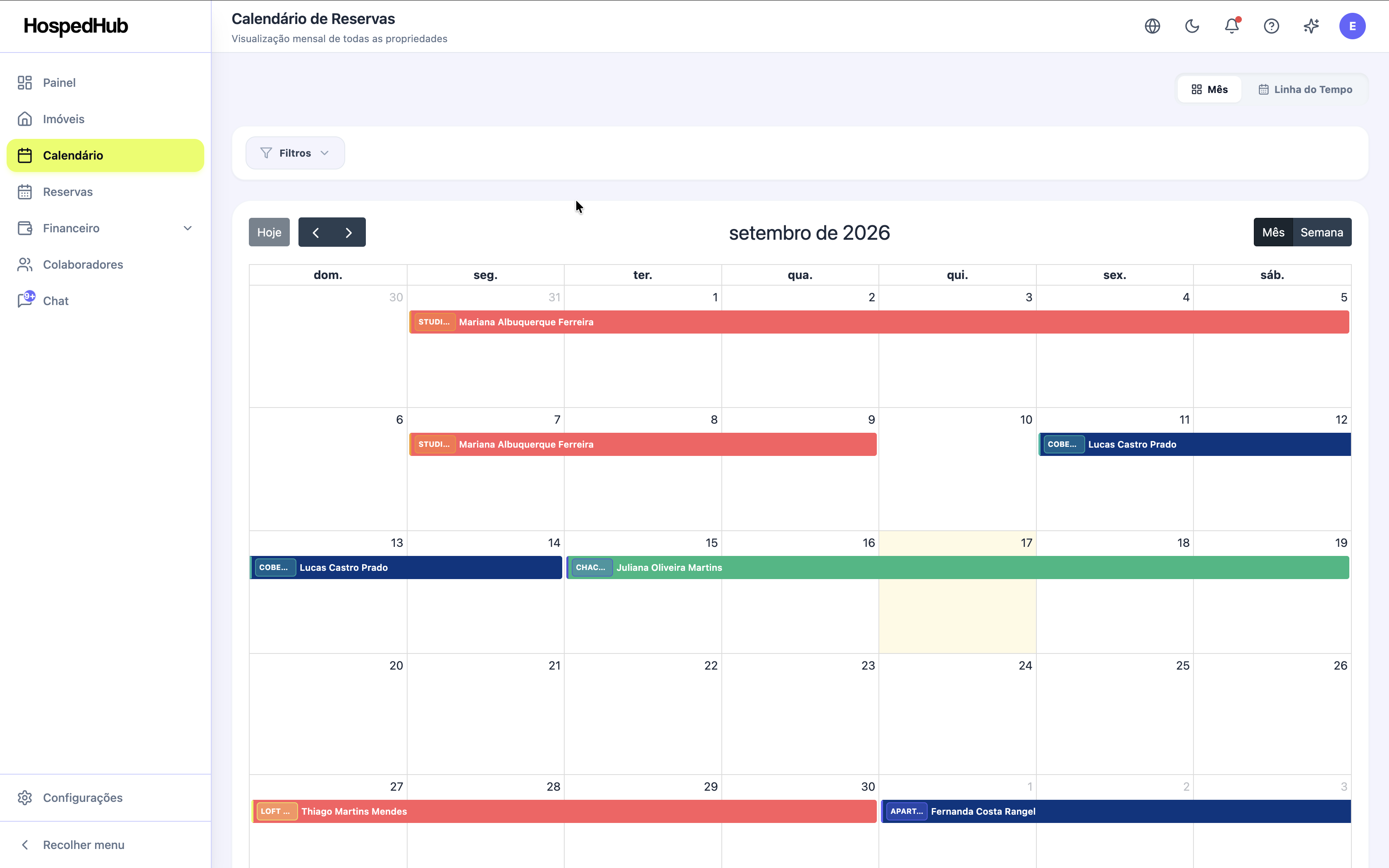 Calendário de reservas do HospedHub