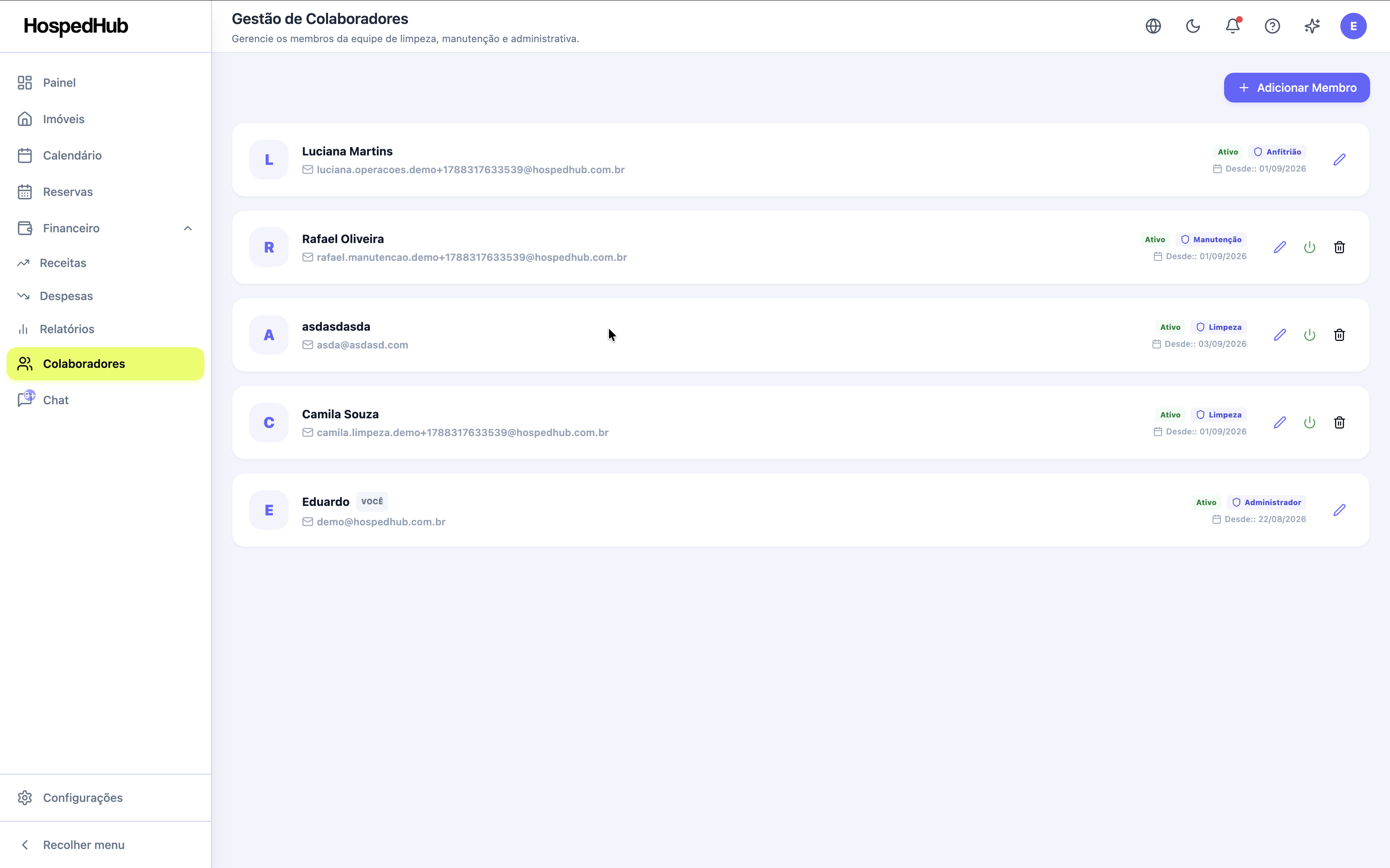 Tela de gestão de colaboradores do HospedHub
