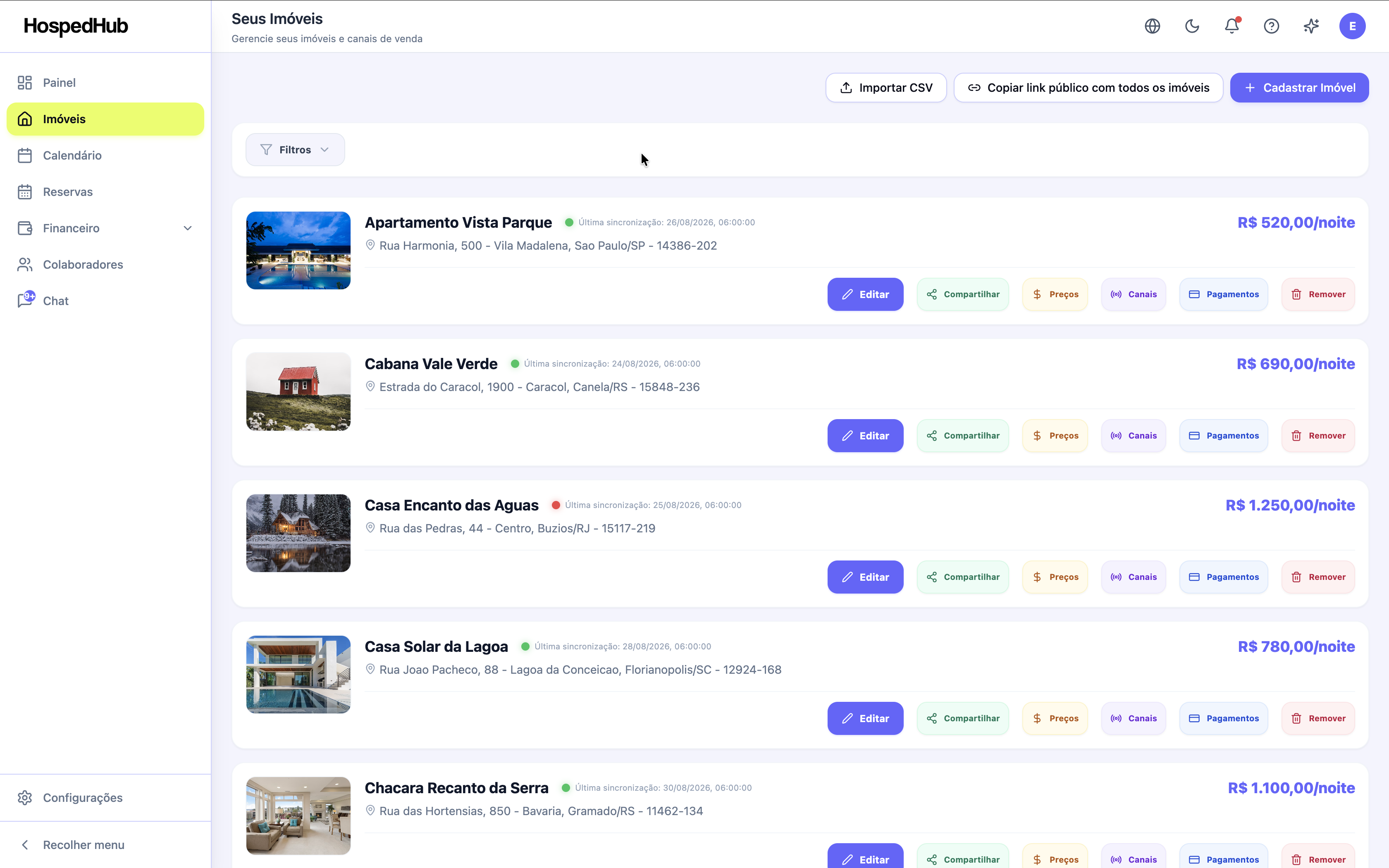 Tela de gestão de imóveis do HospedHub