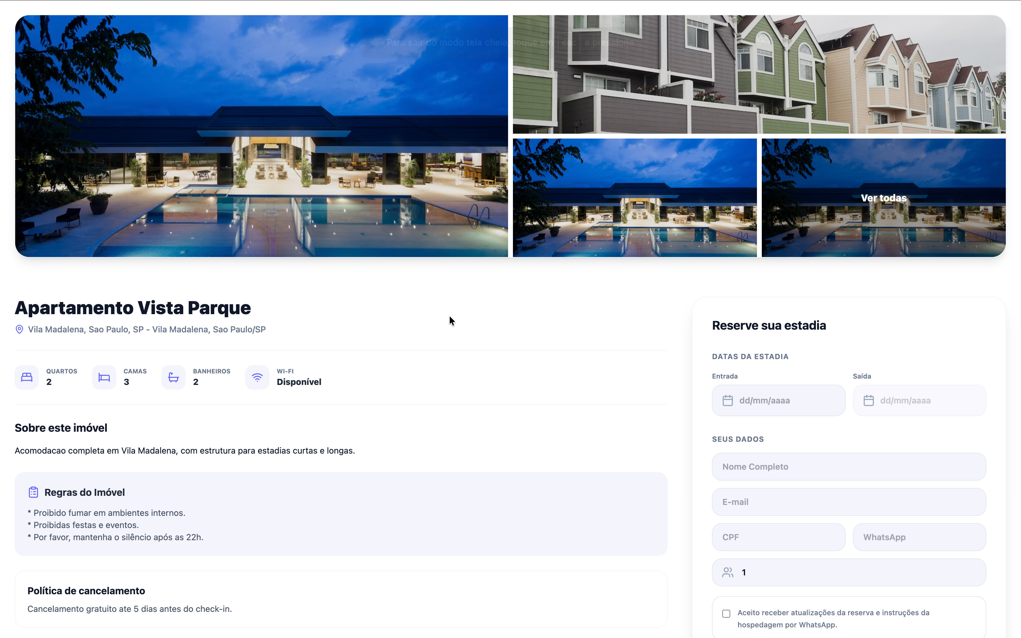 Tela de reservas diretas do HospedHub