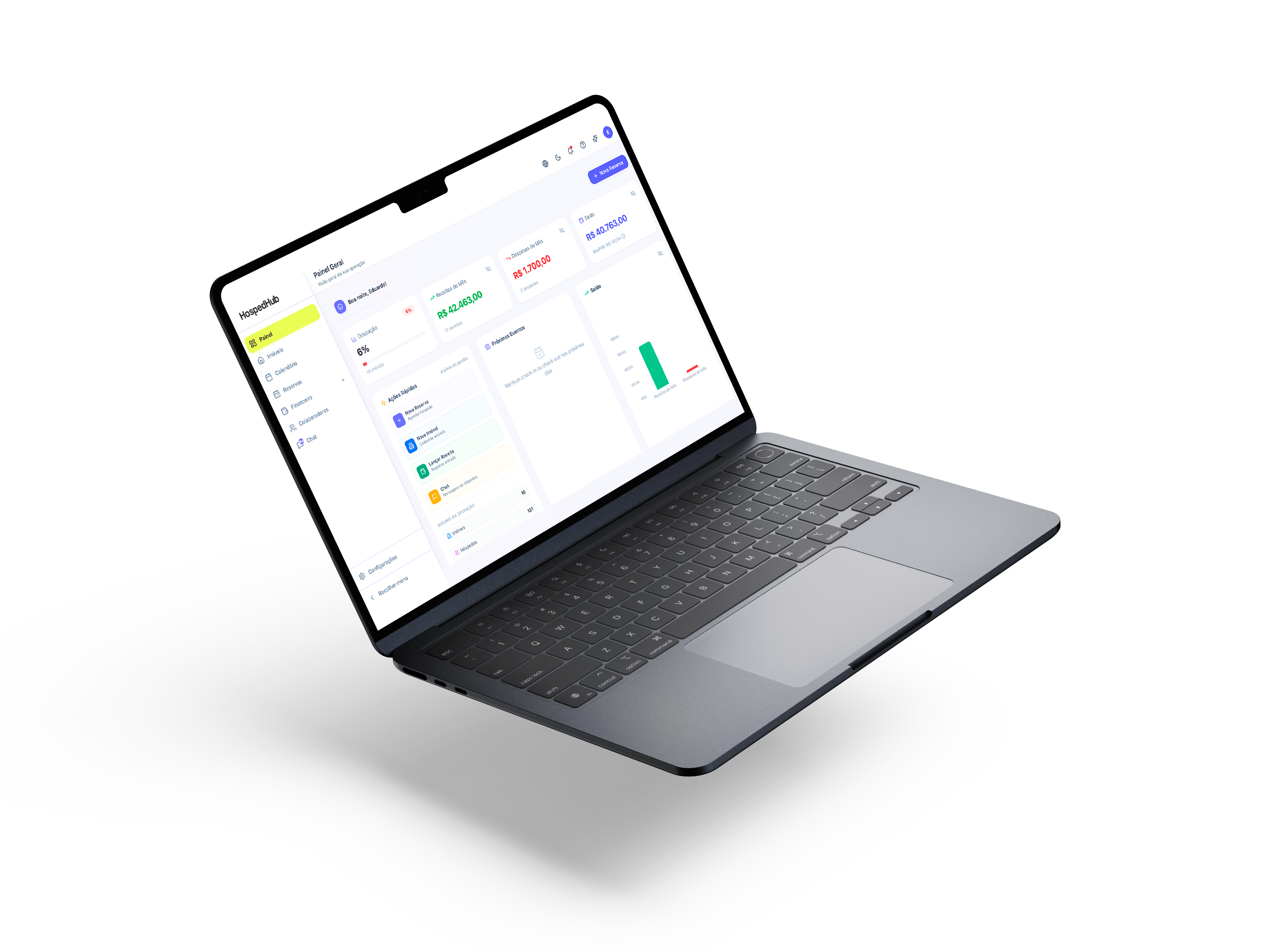 Mockup do sistema HospedHub em um notebook